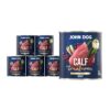 Mokra karma dla psa John Dog calf with cranberries adult w 6 puszkach 800 g, z granatową etykietą, ilustracjami mięsa cielęcego, żurawiny i zielonych liści.