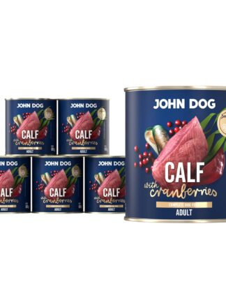 Mokra karma dla psa John Dog calf with cranberries adult w 6 puszkach 800 g, z granatową etykietą, ilustracjami mięsa cielęcego, żurawiny i zielonych liści.