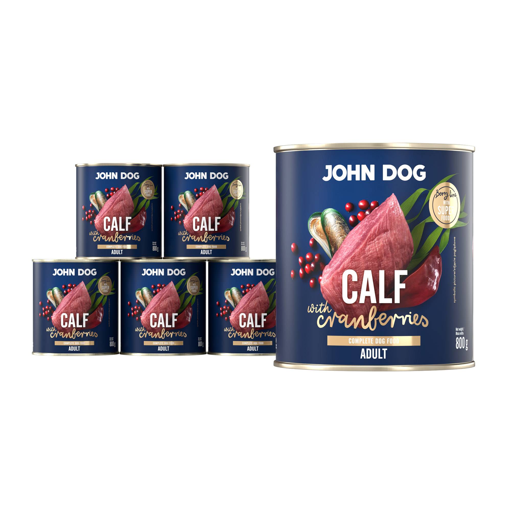 Mokra karma dla psa John Dog calf with cranberries adult w 6 puszkach 800 g, z granatową etykietą, ilustracjami mięsa cielęcego, żurawiny i zielonych liści.