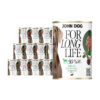 12 puszek mokrej karmy dla psa John Dog For Long Life veal with red beet root 400 g. Na białej etykiecie po lewej stronie znajduje się zdjęcie psa rasy wyżeł weimarski, po środku napisy z informacjami o karmie, po prawej stronie zielony talerz z karmą, ilustracja buraka i kod qr.
