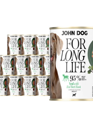 12 puszek mokrej karmy dla psa John Dog For Long Life veal with red beet root 400 g. Na białej etykiecie po lewej stronie znajduje się zdjęcie psa rasy wyżeł weimarski, po środku napisy z informacjami o karmie, po prawej stronie zielony talerz z karmą, ilustracja buraka i kod qr.