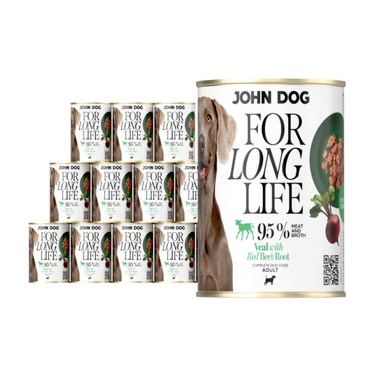 12 puszek mokrej karmy dla psa John Dog For Long Life veal with red beet root 400 g. Na białej etykiecie po lewej stronie znajduje się zdjęcie psa rasy wyżeł weimarski, po środku napisy z informacjami o karmie, po prawej stronie zielony talerz z karmą, ilustracja buraka i kod qr.