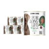 6 puszek mokrej karmy dla psa John Dog For Long Life veal with red beet root 800 g. Na białej etykiecie po lewej stronie znajduje się zdjęcie psa rasy wyżeł weimarski, po środku napisy z informacjami o karmie, po prawej stronie zielony talerz z karmą, ilustracja buraka i kod qr.