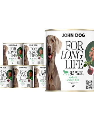 6 puszek mokrej karmy dla psa John Dog For Long Life veal with red beet root 800 g. Na białej etykiecie po lewej stronie znajduje się zdjęcie psa rasy wyżeł weimarski, po środku napisy z informacjami o karmie, po prawej stronie zielony talerz z karmą, ilustracja buraka i kod qr.