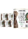 6 puszek mokrej karmy dla psa John Dog For Long Life veal with red beet root 800 g. Na białej etykiecie po lewej stronie znajduje się zdjęcie psa rasy wyżeł weimarski, po środku napisy z informacjami o karmie, po prawej stronie zielony talerz z karmą, ilustracja buraka i kod qr.