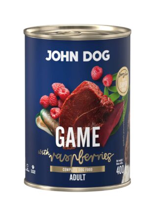 Mokra karma dla psa John Dog game with raspberries adult w puszce 400 g, z granatową etykietą, ilustracjami mięsa z dziczyzny, malin i zielonych liści.