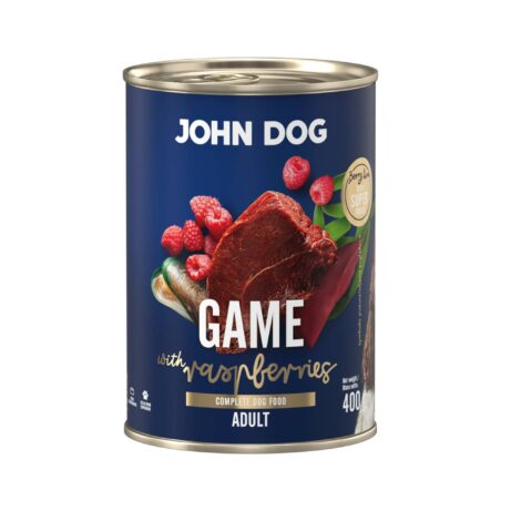 Mokra karma dla psa John Dog game with raspberries adult w puszce 400 g, z granatową etykietą, ilustracjami mięsa z dziczyzny, malin i zielonych liści.