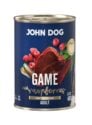 Mokra karma dla psa John Dog game with raspberries adult w puszce 400 g, z granatową etykietą, ilustracjami mięsa z dziczyzny, malin i zielonych liści.