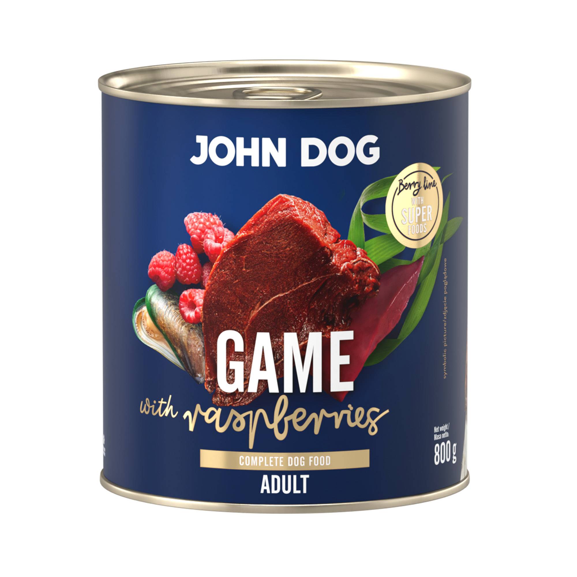 Mokra karma dla psa John Dog game with raspberries adult w puszce 800 g, z granatową etykietą, ilustracjami mięsa z dziczyzny, malin i zielonych liści.