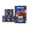 Mokra karma dla psa John Dog game with raspberries adult w 6 puszkach 400 g, z granatową etykietą, ilustracjami mięsa z dziczyzny, malin i zielonych liści.