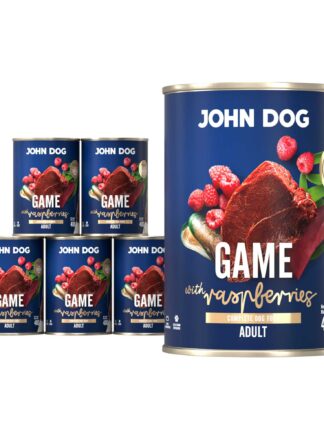 Mokra karma dla psa John Dog game with raspberries adult w 6 puszkach 400 g, z granatową etykietą, ilustracjami mięsa z dziczyzny, malin i zielonych liści.