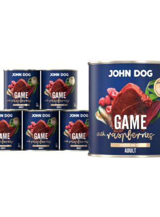 Mokra karma dla psa John Dog game with raspberries adult w 6 puszkach 800 g, z granatową etykietą, ilustracjami mięsa z dziczyzny, malin i zielonych liści.