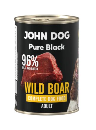 Karma mokra dla psa z dzika John Dog Pure Black w czarnej puszce 400g. Na etykiecie jest surowe mięso z dzika, zdjęcie psa oraz białe i żółte napisy.
