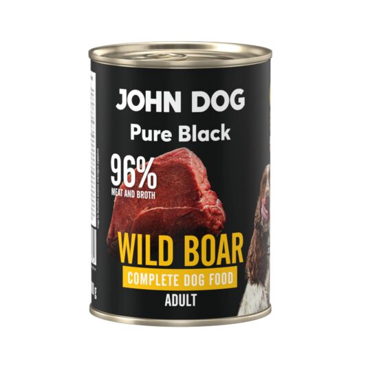 Karma mokra dla psa z dzika John Dog Pure Black w czarnej puszce 400g. Na etykiecie jest surowe mięso z dzika, zdjęcie psa oraz białe i żółte napisy.