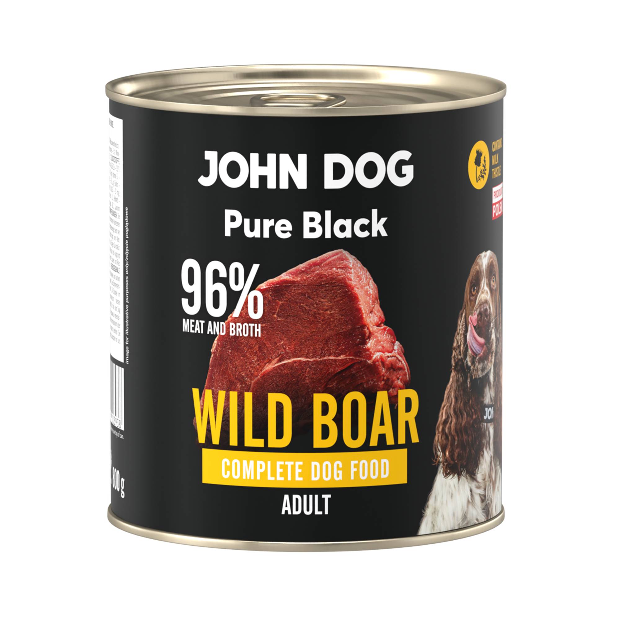 Karma mokra dla psa z dzika John Dog Pure Black w czarnej puszce 800g. Na etykiecie jest surowe mięso z dzika, zdjęcie psa oraz białe i żółte napisy.