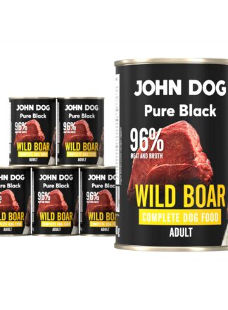 Karma mokra dla psa z dzika John Dog Pure Black w sześciu czarnych puszkach 400g. Na etykietach jest surowe mięso z dzika, zdjęcie psa oraz białe i żółte napisy.