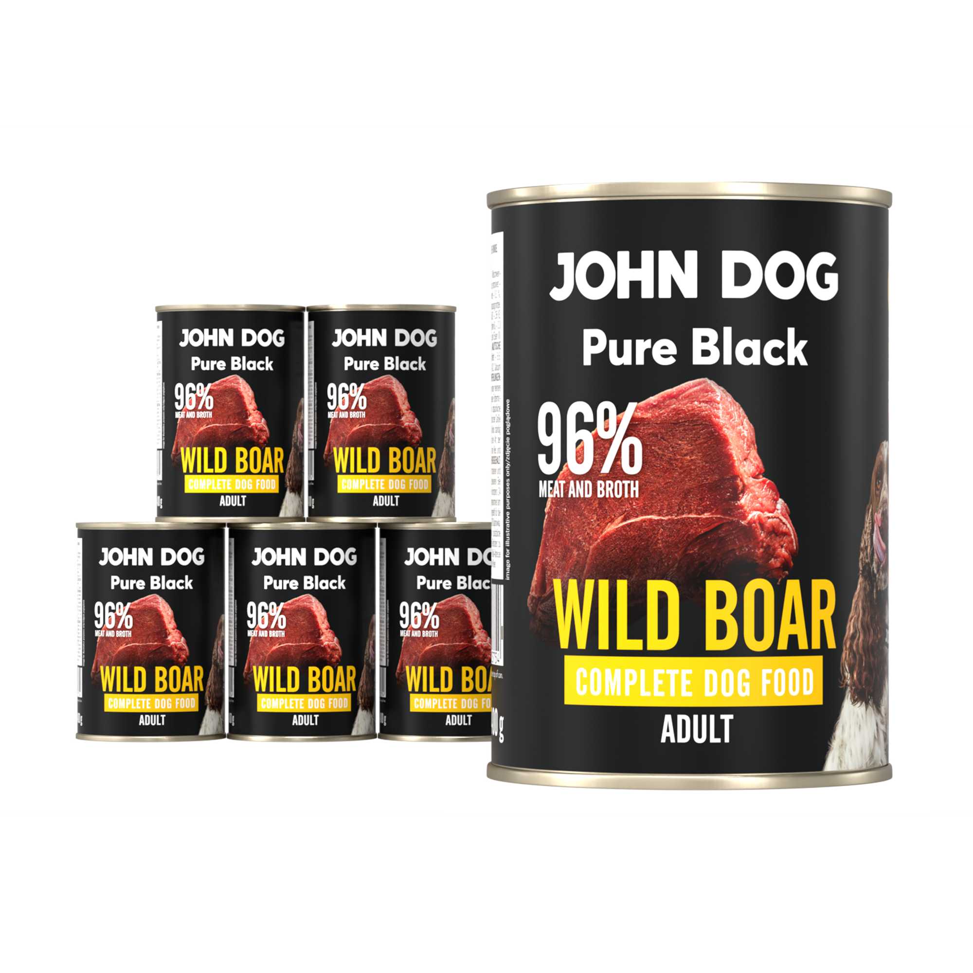 Karma mokra dla psa z dzika John Dog Pure Black w sześciu czarnych puszkach 400g. Na etykietach jest surowe mięso z dzika, zdjęcie psa oraz białe i żółte napisy.