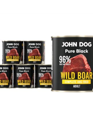 Karma mokra dla psa z dzika John Dog Pure Black w sześciu czarnych puszkach 800g. Na etykiecie jest surowe mięso z dzika, zdjęcie psa oraz białe i żółte napisy.