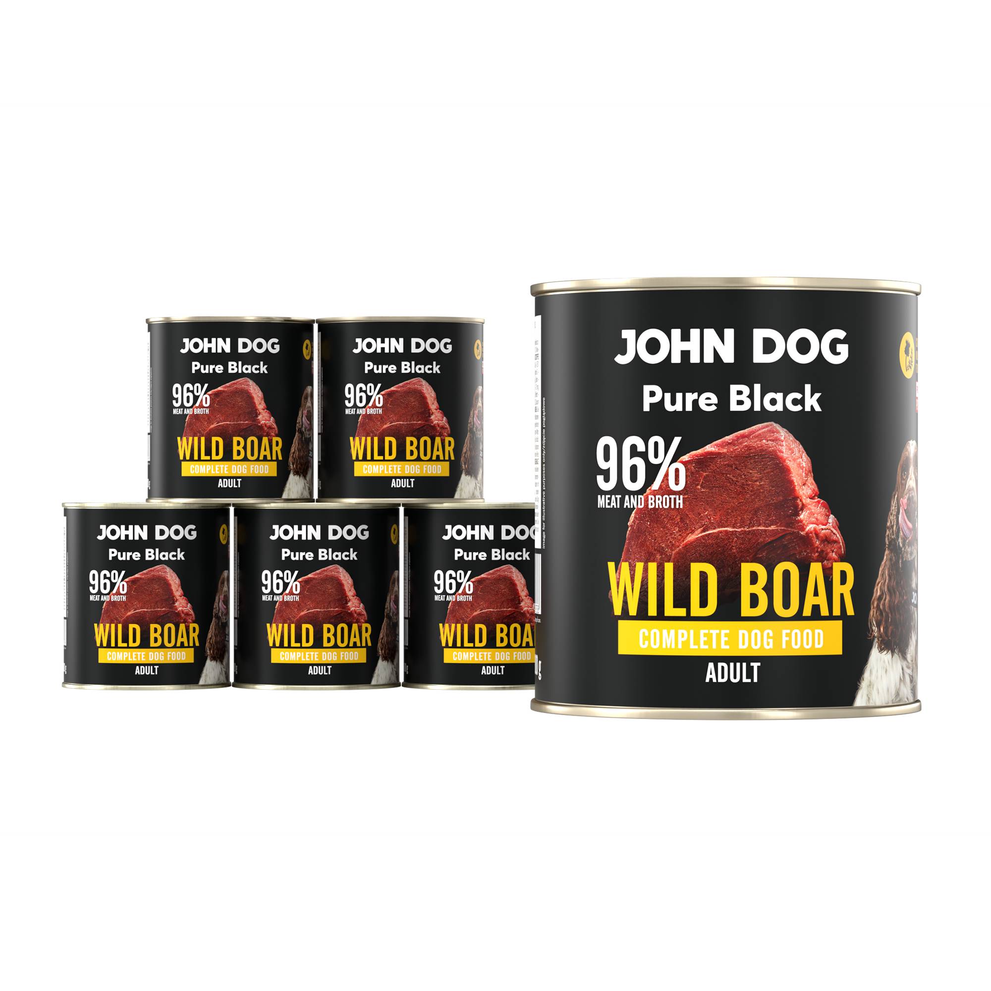 Karma mokra dla psa z dzika John Dog Pure Black w sześciu czarnych puszkach 800g. Na etykiecie jest surowe mięso z dzika, zdjęcie psa oraz białe i żółte napisy.