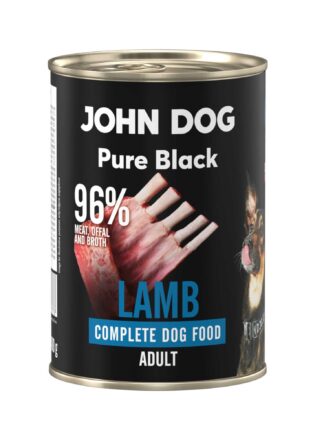 Karma mokra dla psa z jagnięciny John Dog Pure Black w czarnej puszce 400g. Na etykiecie jest surowe mięso z jagnięciny, zdjęcie psa oraz białe i niebieskie napisy.