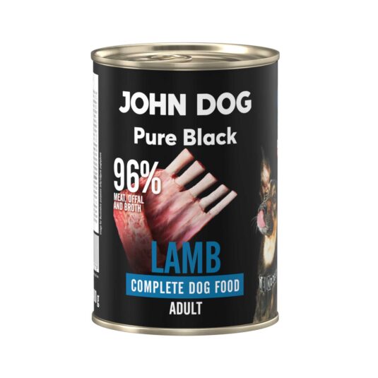 Karma mokra dla psa z jagnięciny John Dog Pure Black w czarnej puszce 400g. Na etykiecie jest surowe mięso z jagnięciny, zdjęcie psa oraz białe i niebieskie napisy.