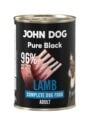 Karma mokra dla psa z jagnięciny John Dog Pure Black w czarnej puszce 400g. Na etykiecie jest surowe mięso z jagnięciny, zdjęcie psa oraz białe i niebieskie napisy.