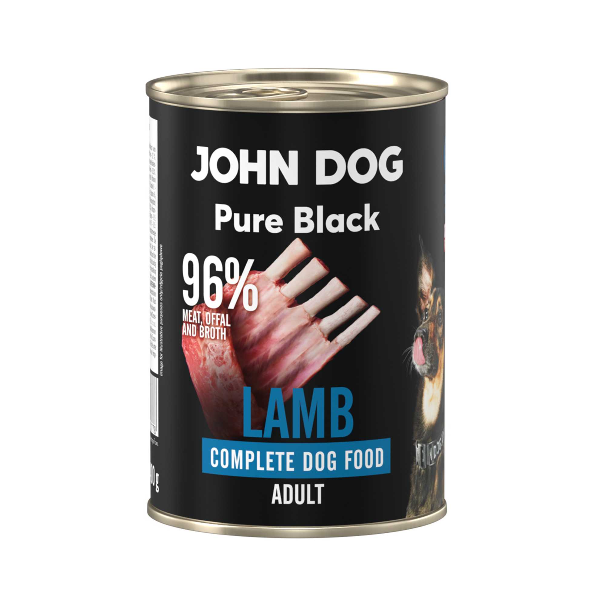 Karma mokra dla psa z jagnięciny John Dog Pure Black w czarnej puszce 400g. Na etykiecie jest surowe mięso z jagnięciny, zdjęcie psa oraz białe i niebieskie napisy.