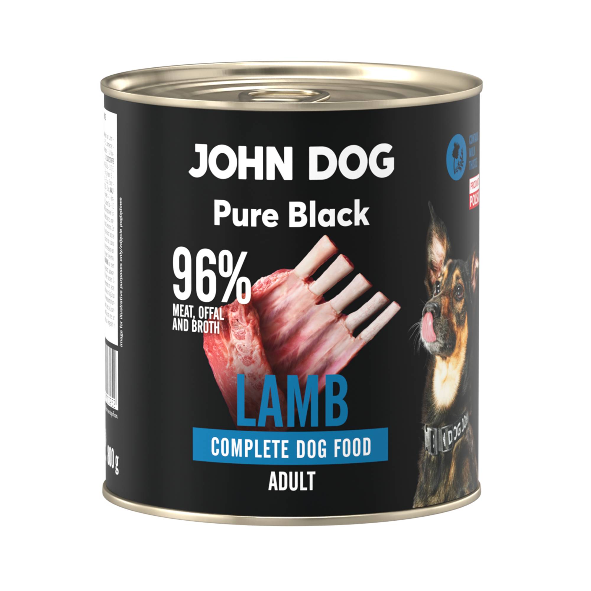 Karma mokra dla psa z jagnięciny John Dog Pure Black w czarnej puszce 800g. Na etykiecie jest surowe mięso z jagnięciny, zdjęcie psa oraz białe i niebieskie napisy.