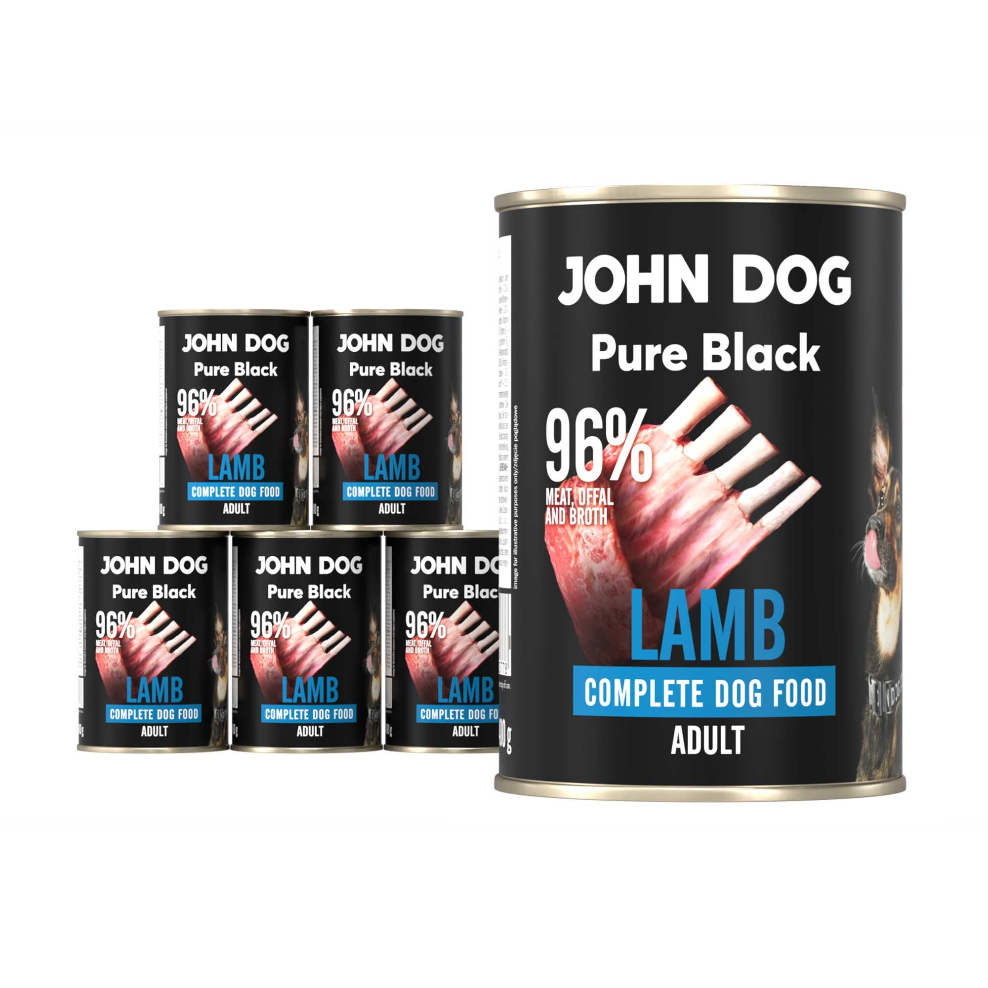 Karma mokra dla psa z jagnięciny John Dog Pure Black w sześciu czarnych puszkach 400g. Na etykietach jest surowe mięso z jagnięciny, zdjęcie psa oraz białe i niebieskie napisy.