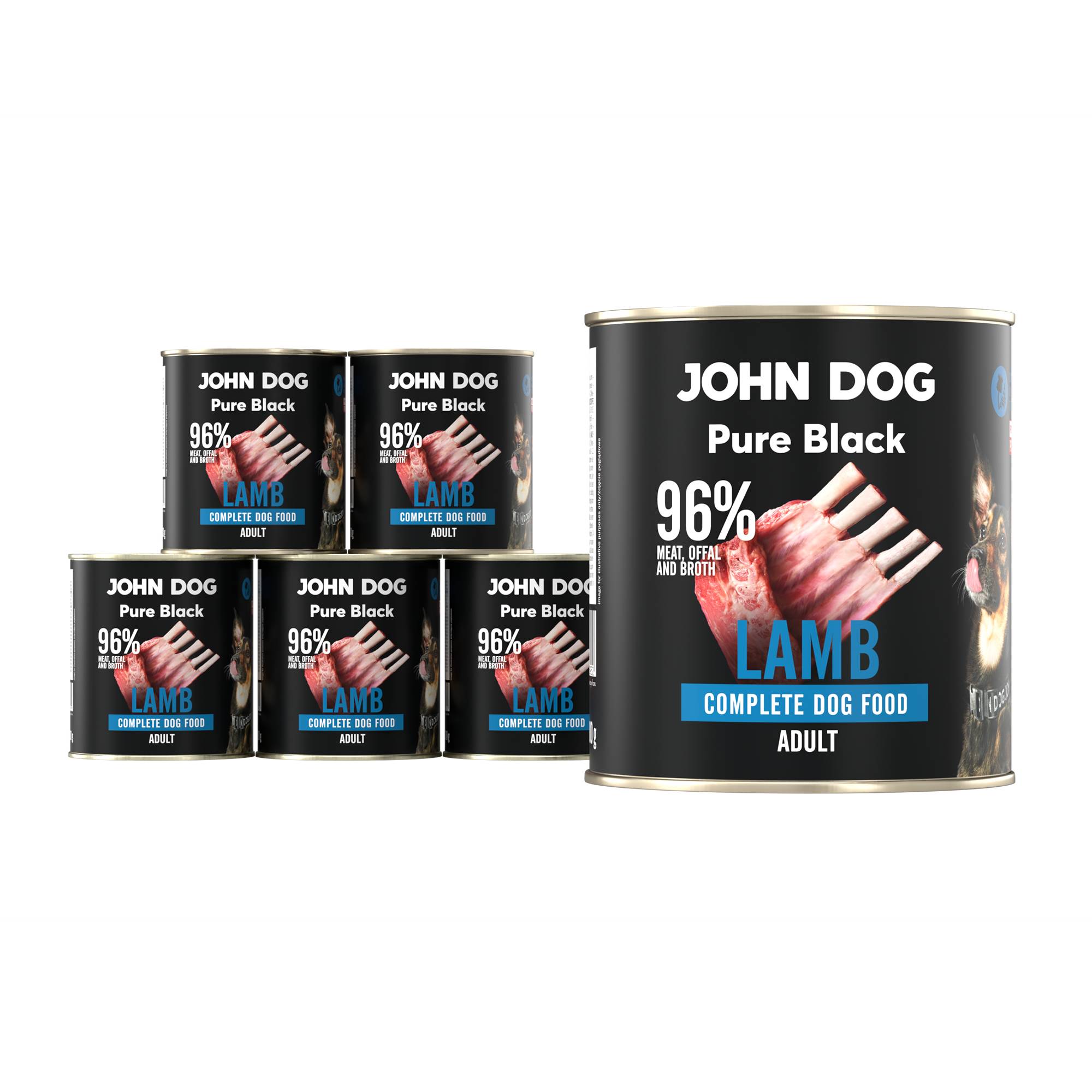 Karma mokra dla psa z jagnięciny John Dog Pure Black w sześciu czarnych puszkach 800g. Na etykietach jest surowe mięso z jagnięciny, zdjęcie psa oraz białe i niebieskie napisy.