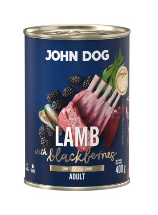 Mokra karma dla psa John Dog lamb with blackberries adult w puszce 400 g, z granatową etykietą, ilustracjami mięsa jagnięcego, jeżyn i zielonych liści.