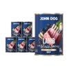 Mokra karma dla psa John Dog lamb with blackberries adult w 6 puszkach 400 g, z granatową etykietą, ilustracjami mięsa jagnięcego, jeżyn i zielonych liści.