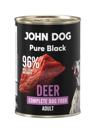 Karma mokra dla psa z jelenia John Dog Pure Black w czarnej puszce 400g. Na etykiecie jest surowe mięso z jelenia, zdjęcie psa oraz białe i fioletowe napisy.