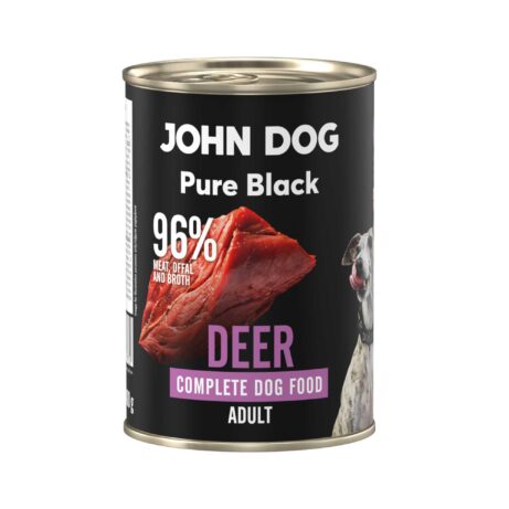Karma mokra dla psa z jelenia John Dog Pure Black w czarnej puszce 400g. Na etykiecie jest surowe mięso z jelenia, zdjęcie psa oraz białe i fioletowe napisy.