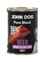 Karma mokra dla psa z jelenia John Dog Pure Black w czarnej puszce 400g. Na etykiecie jest surowe mięso z jelenia, zdjęcie psa oraz białe i fioletowe napisy.
