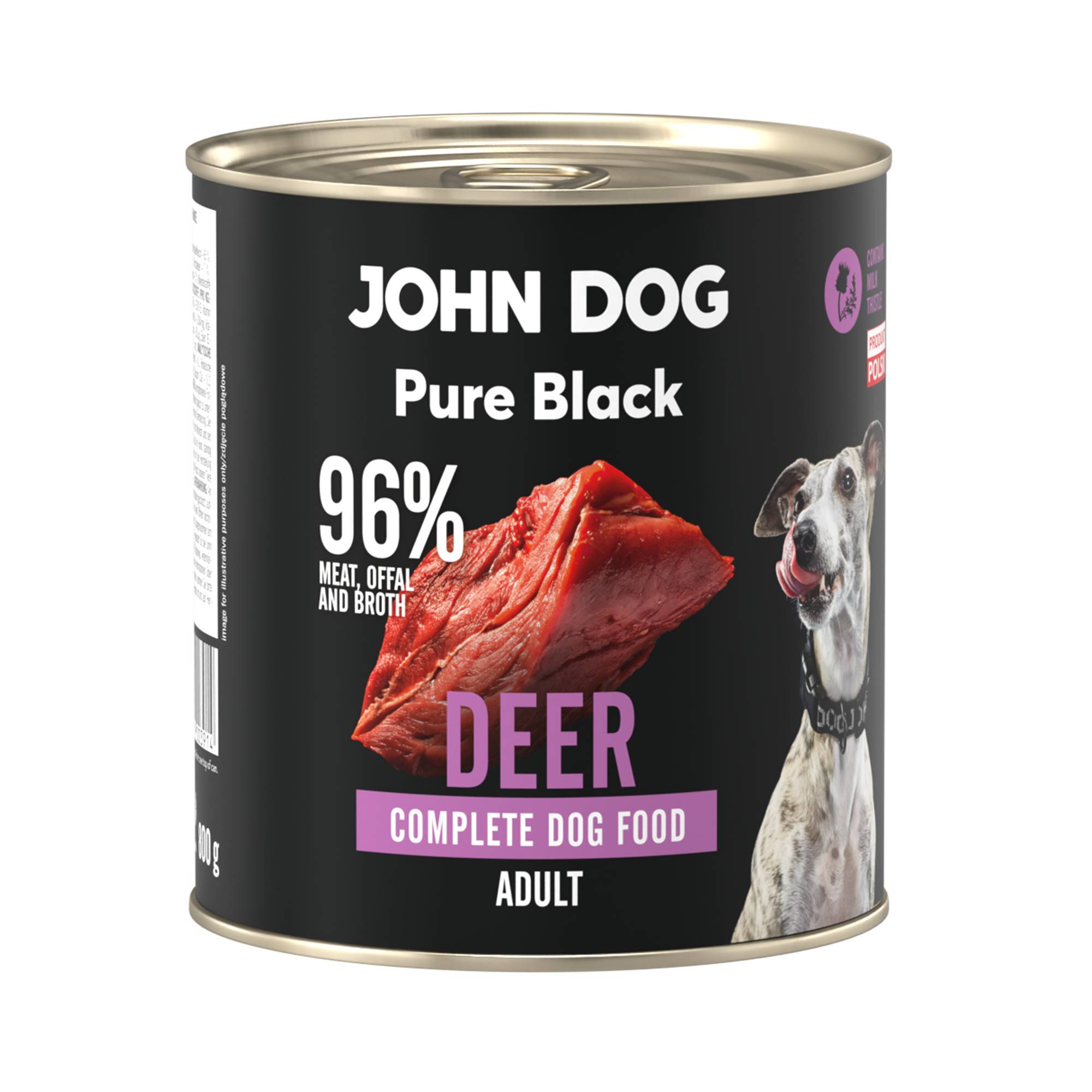 Karma mokra dla psa z jelenia John Dog Pure Black w czarnej puszce 400g. Na etykiecie jest surowe mięso z jelenia, zdjęcie psa oraz białe i fioletowe napisy.