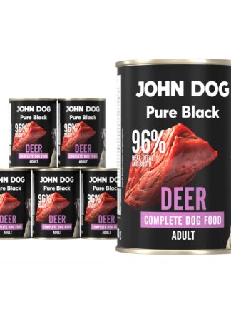 Karma mokra dla psa z jelenia John Dog Pure Black w sześciu czarnych puszkach 400g. Na etykietach jest surowe mięso z jelenia, zdjęcie psa oraz białe i fioletowe napisy.