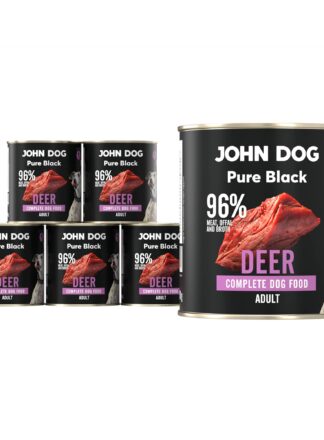 Karma mokra dla psa z jelenia John Dog Pure Black w sześciu czarnych puszkach 800g. Na etykietach jest surowe mięso z jelenia, zdjęcie psa oraz białe i fioletowe napisy.