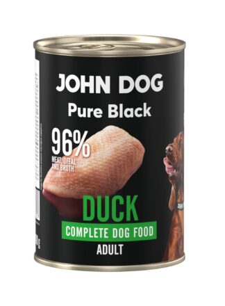 Karma mokra dla psa z kaczki John Dog Pure Black w czarnej puszce 400g. Na etykiecie jest surowe mięso z kaczki, zdjęcie psa oraz białe i zielone napisy.