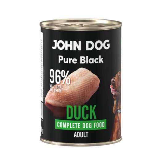Karma mokra dla psa z kaczki John Dog Pure Black w czarnej puszce 400g. Na etykiecie jest surowe mięso z kaczki, zdjęcie psa oraz białe i zielone napisy.