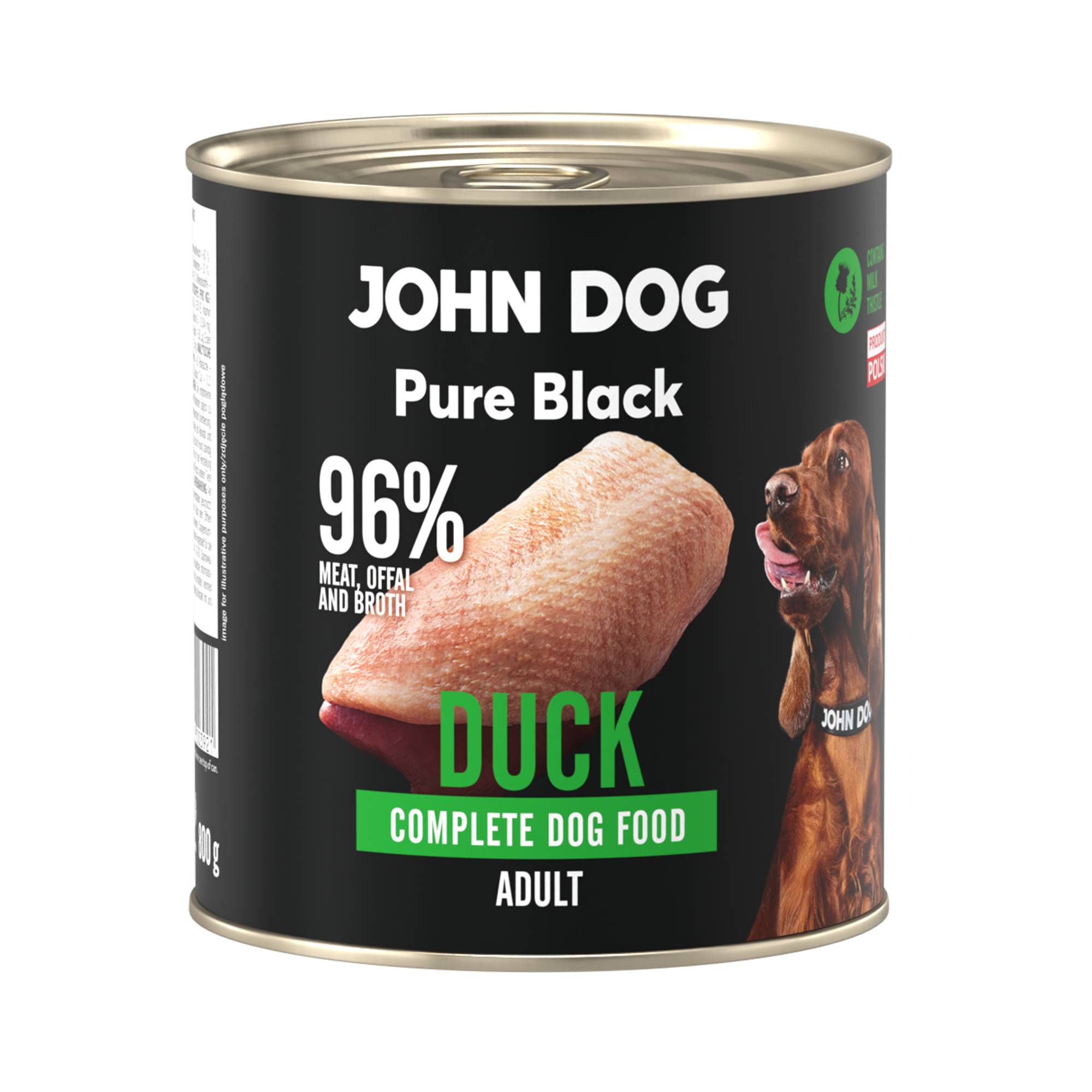 Karma mokra dla psa z kaczki John Dog Pure Black w czarnej puszce 800g. Na etykiecie jest surowe mięso z kaczki, zdjęcie psa oraz białe i zielone napisy.