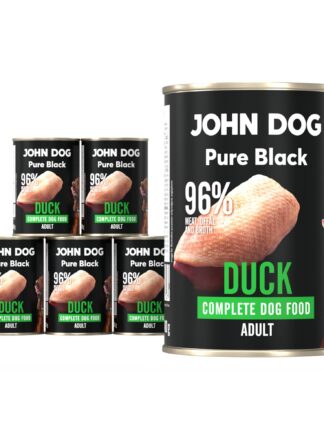 Karma mokra dla psa z kaczki John Dog Pure Black w sześciu czarnych puszkach 400g. Na etykietach jest surowe mięso z kaczki, zdjęcie psa oraz białe i zielone napisy.