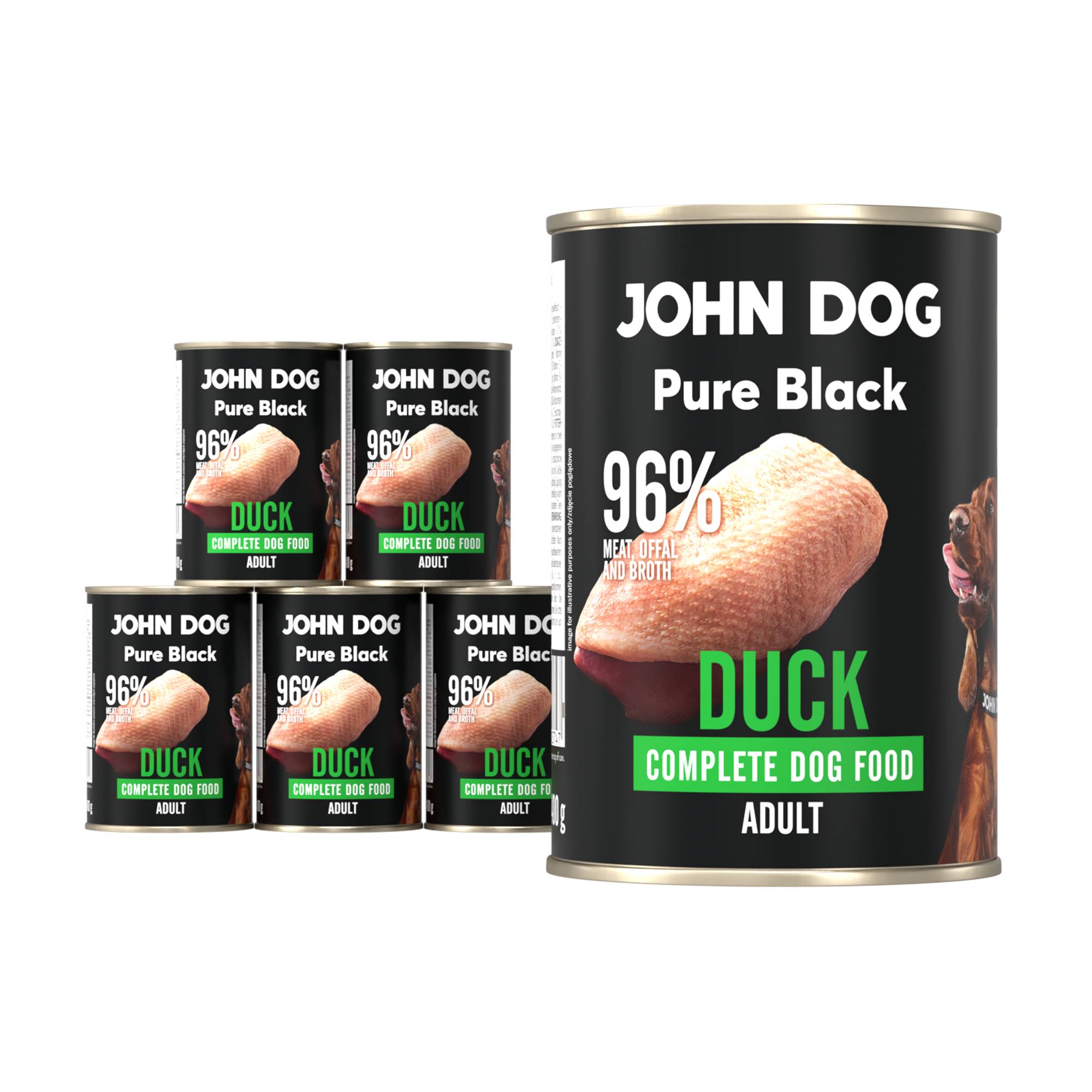 Karma mokra dla psa z kaczki John Dog Pure Black w sześciu czarnych puszkach 400g. Na etykietach jest surowe mięso z kaczki, zdjęcie psa oraz białe i zielone napisy.