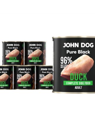 Karma mokra dla psa z kaczki John Dog Pure Black w sześciu czarnych puszkach 800g. Na etykietach jest surowe mięso z kaczki, zdjęcie psa oraz białe i zielone napisy.