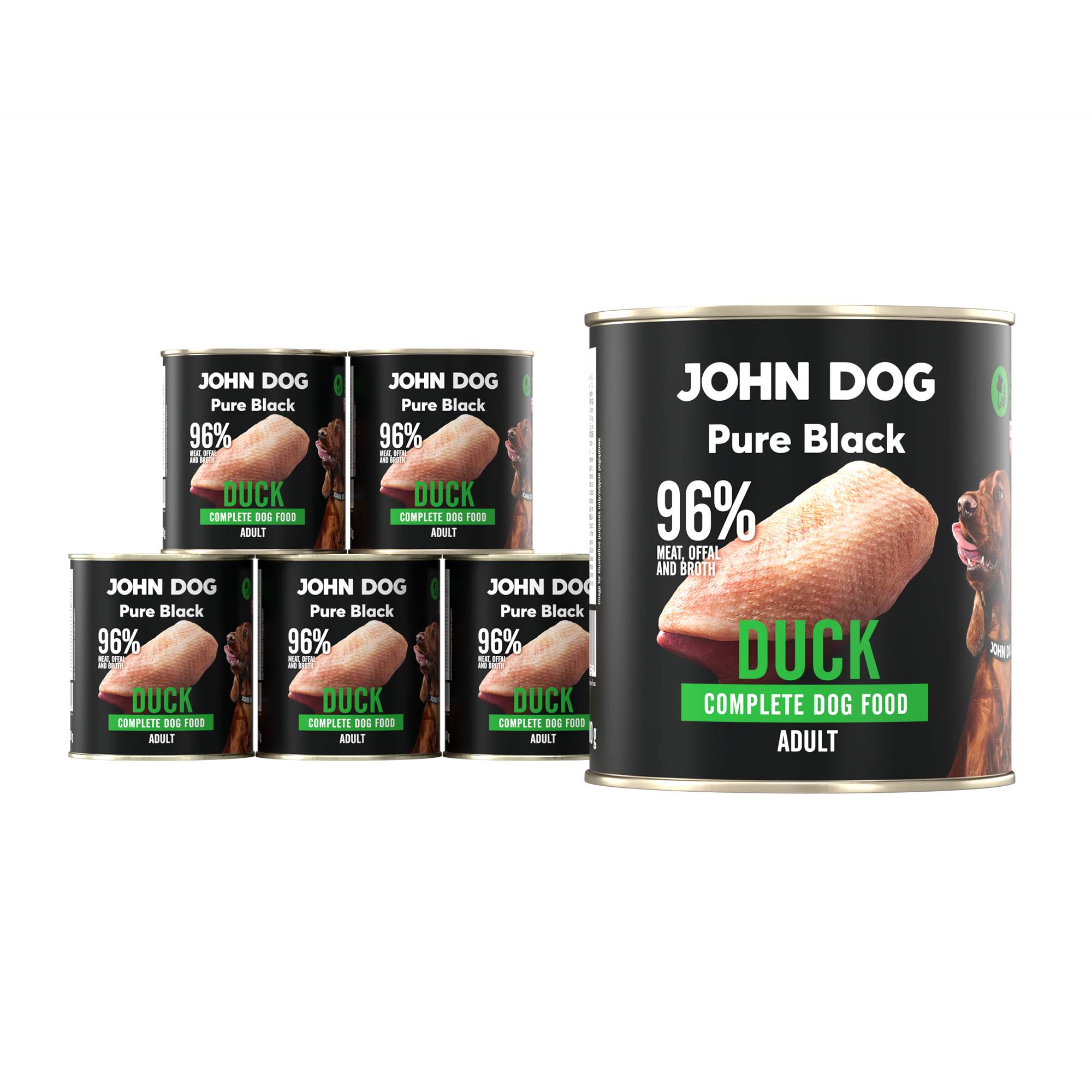 Karma mokra dla psa z kaczki John Dog Pure Black w sześciu czarnych puszkach 800g. Na etykietach jest surowe mięso z kaczki, zdjęcie psa oraz białe i zielone napisy.