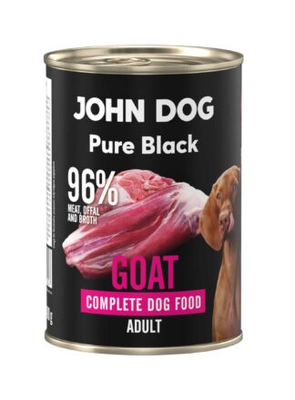 Karma mokra dla psa z koziny John Dog Pure Black w czarnej puszce 400g. Na etykiecie jest surowe mięso z kozy, zdjęcie psa oraz białe i różowe napisy.