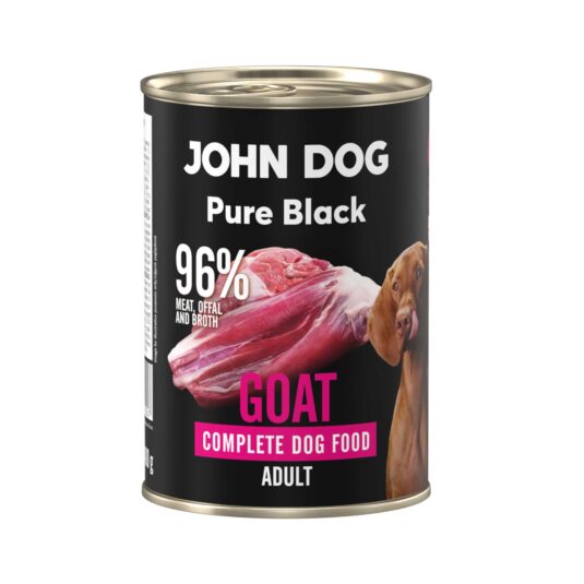 Karma mokra dla psa z koziny John Dog Pure Black w czarnej puszce 400g. Na etykiecie jest surowe mięso z kozy, zdjęcie psa oraz białe i różowe napisy.