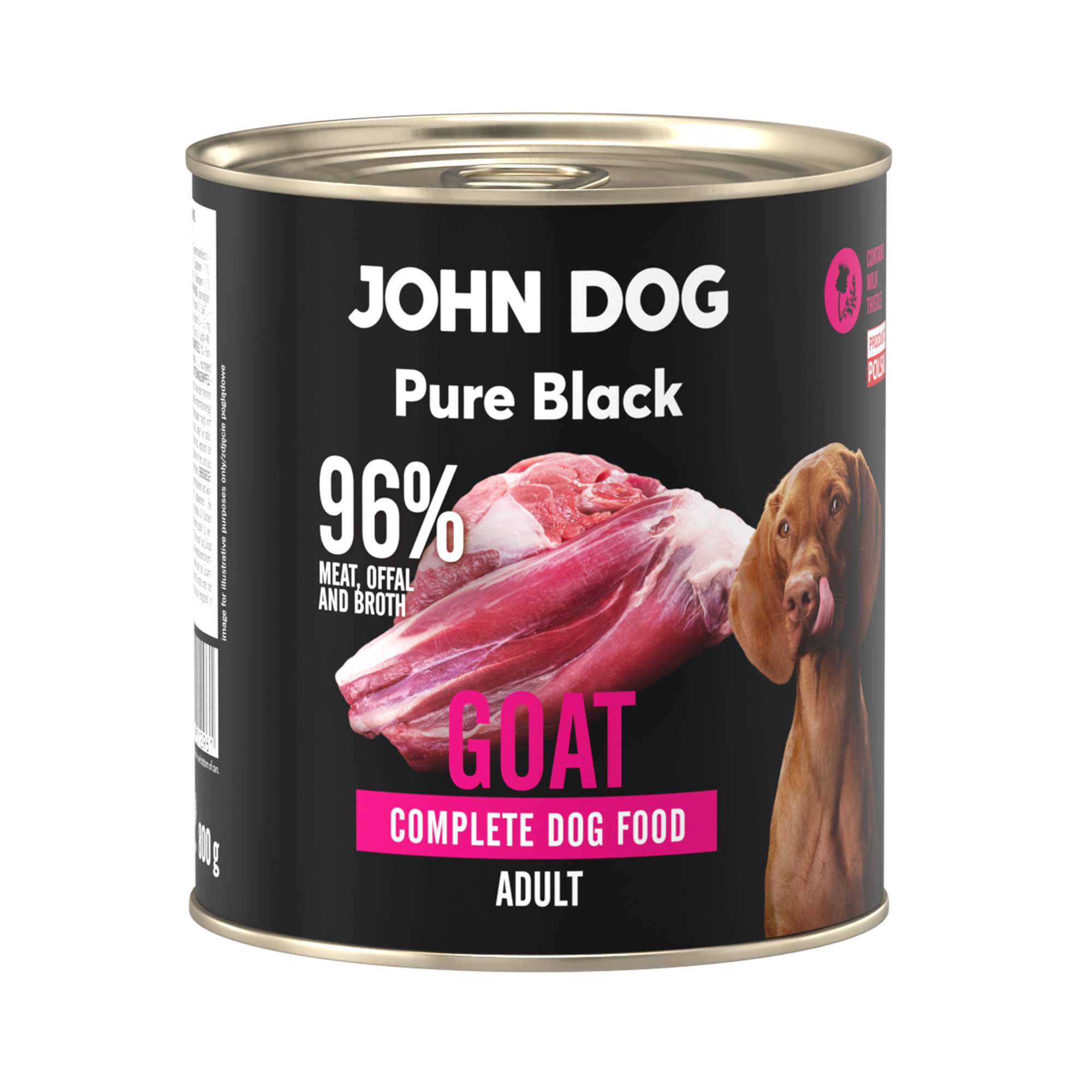 Karma mokra dla psa z koziny John Dog Pure Black w czarnej puszce 800g. Na etykiecie jest surowe mięso z kozy, zdjęcie psa oraz białe i różowe napisy.