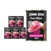 Karma mokra dla psa z koziny John Dog Pure Black w sześciu czarnych puszkach 400g. Na etykietach jest surowe mięso z kozy, zdjęcie psa oraz białe i różowe napisy.