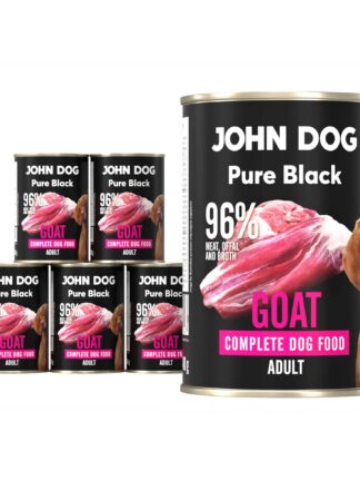 Karma mokra dla psa z koziny John Dog Pure Black w sześciu czarnych puszkach 400g. Na etykietach jest surowe mięso z kozy, zdjęcie psa oraz białe i różowe napisy.